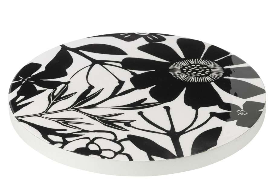TRAY TURNING ROUND FLORAL PATTERN MANGO WOOD BLACK/WHITE
