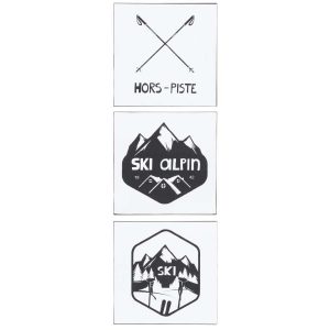 PLACARD SQUARE TEX+IMAGE SKI METAL WHITE/BLACK ASSORTMENT OF 2
