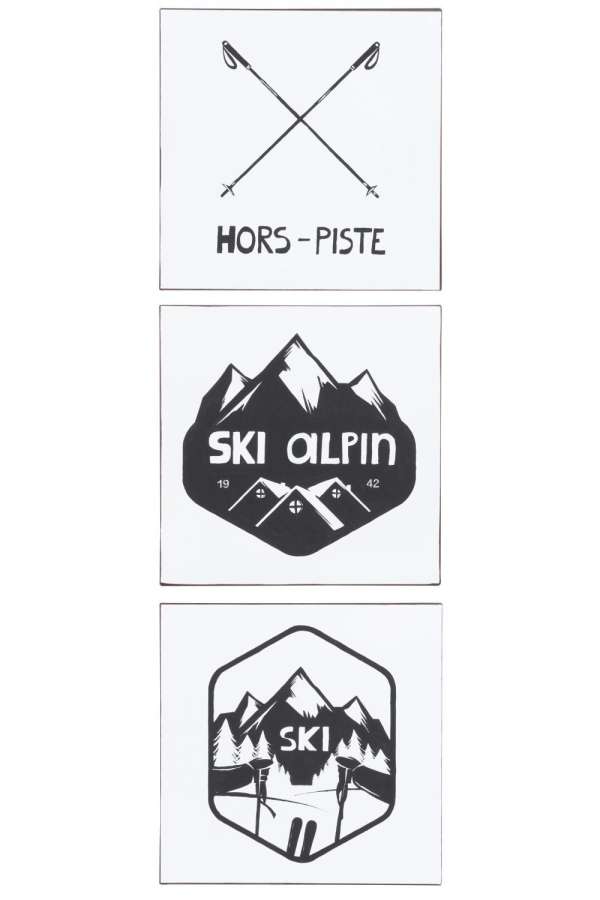 PLACARD SQUARE TEX+IMAGE SKI METAL WHITE/BLACK ASSORTMENT OF 2