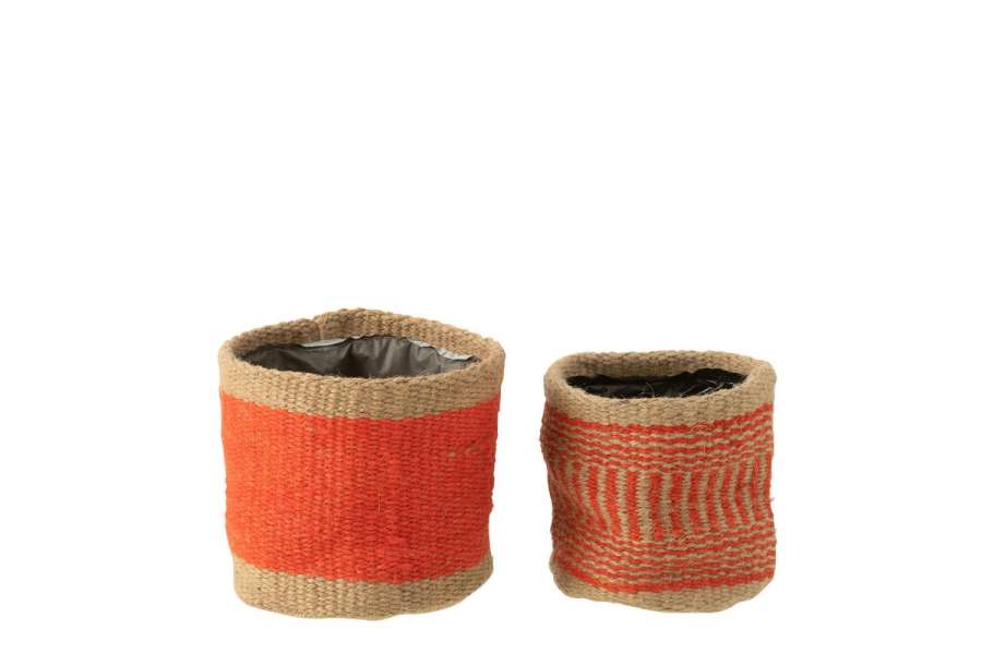 SET OF 2 BASKET ROUND+BAND JUTE NATURAL/ORANGE XS/S