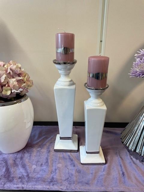 Lysestake Hvit/Sølv Stor 39Cm