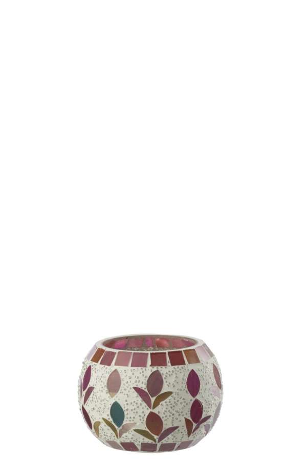 CANDLE HOLDER GLASS OFF-WHITE/FUCHSIA SMALL