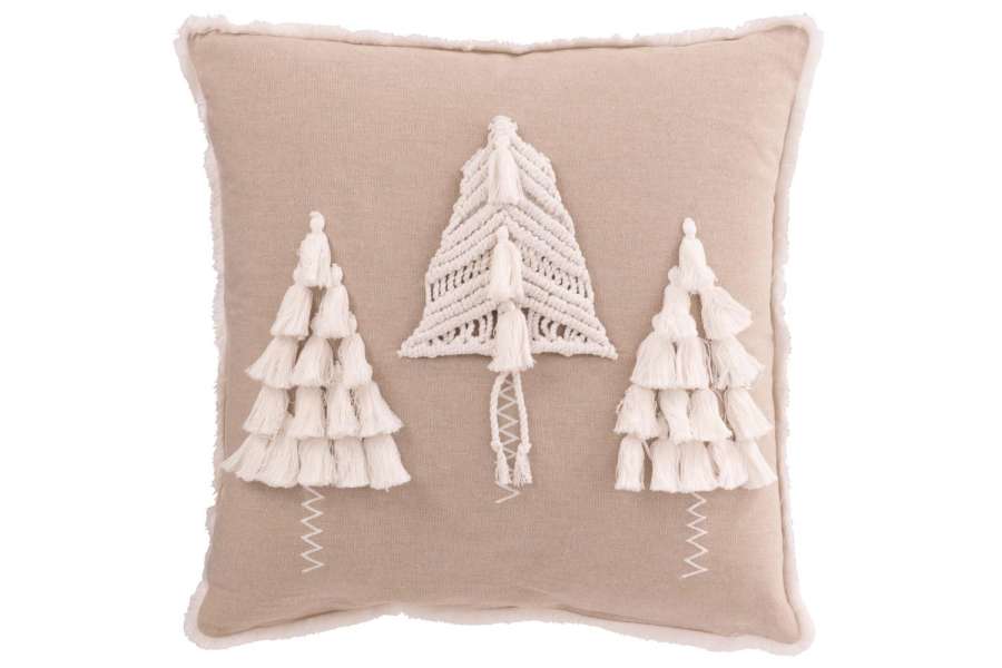 CUSHION CHRISTMAS TREES TASSELS COTTON GREIGE/WHITE