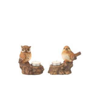 TEALIGHT HOLDER BORD+OWL PORCELAIN BROWN ASSORTMENT OF 2