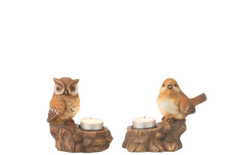 TEALIGHT HOLDER BORD+OWL PORCELAIN BROWN ASSORTMENT OF 2