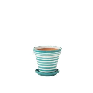 FLOWERPOT+PLATE GRANADA STRIPES HANDMADE/HANDPAINTED CERAMIC AQUA/WHITE MEDIUM