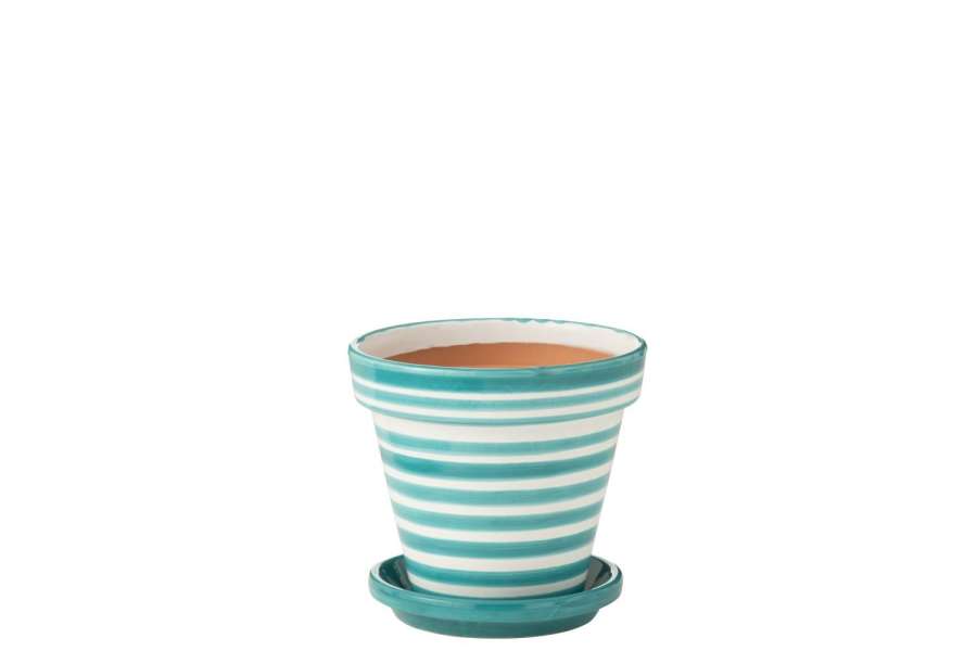 FLOWERPOT+PLATE GRANADA STRIPES HANDMADE/HANDPAINTED CERAMIC AQUA/WHITE MEDIUM