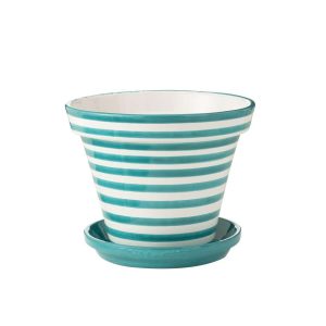 FLOWERPOT+PLATE GRANADA STRIPES HANDMADE/HANDPAINTED CERAMIC AQUA/WHITE EXTRA LARGE