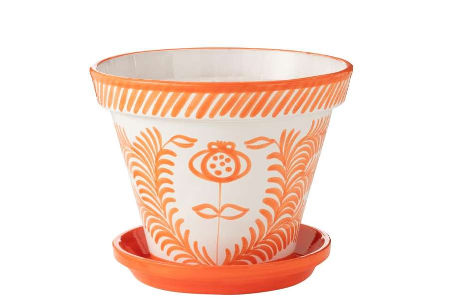 FLOWERPOT+PLATE GRANADA HANDMADE/HANDPAINTED CERAMIC ORANGE/WHITE EXTRA LARGE