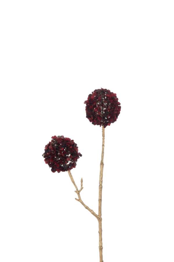BRANCH 2 FLOWERS POMPOMS PLASTIC RED/GOLD SMALL