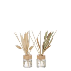 SCENTED OIL + FLOWERS GLASS GREEN/NATURAL ASSORTMENT OF 2
