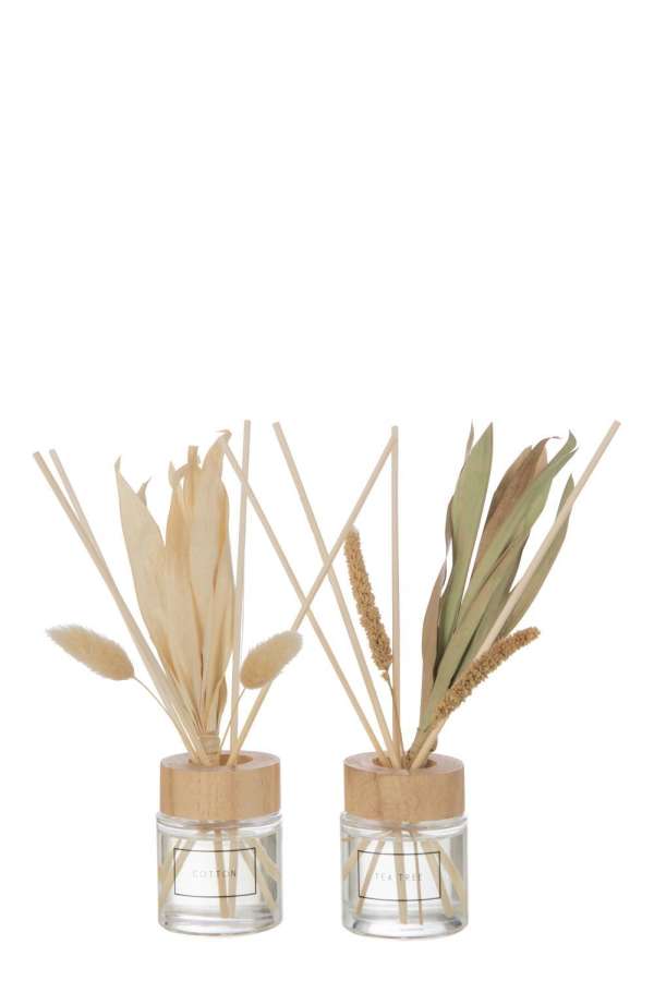 SCENTED OIL + FLOWERS GLASS GREEN/NATURAL ASSORTMENT OF 2