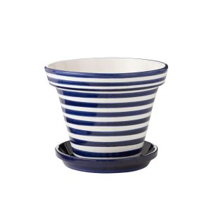 FLOWERPOT+PLATE GRANADA STRIPES HANDMADE/HANDPAINTED CERAMIC COBALTO BLUE/WHITE EXTRA LARGE