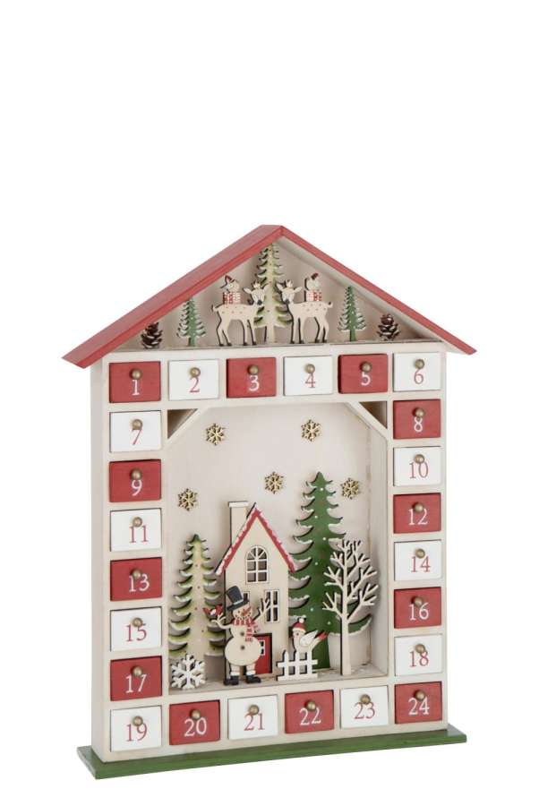 HOUSE ADVENT CALENDAR LED PLYWOOD CHRISTMAS RED/WHITE
