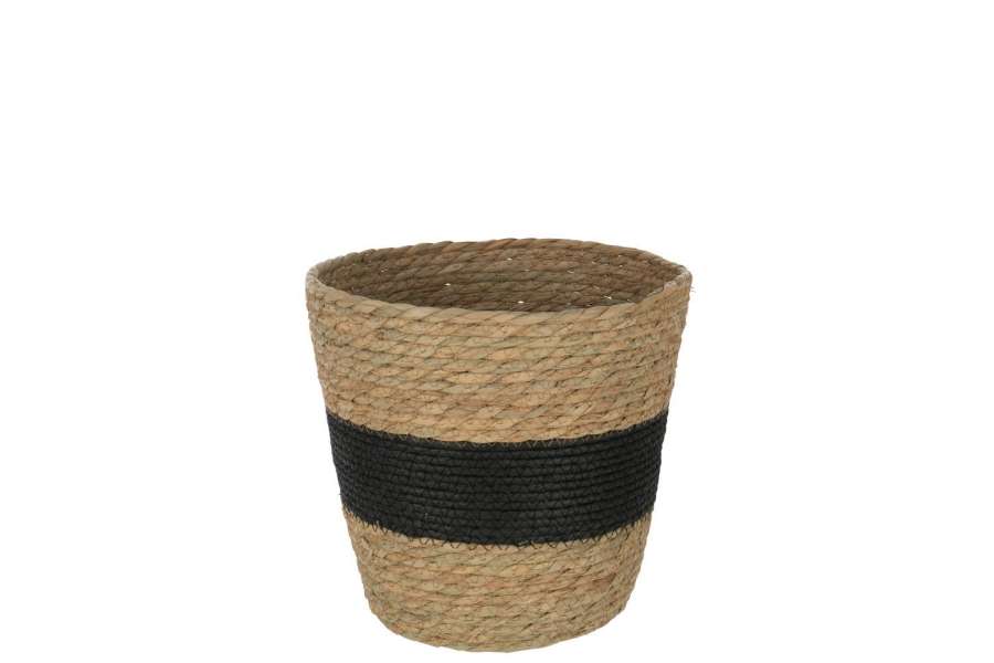 BASKET ROUND WITH STRIPE+ HANDLE REED NATURAL/BLACK