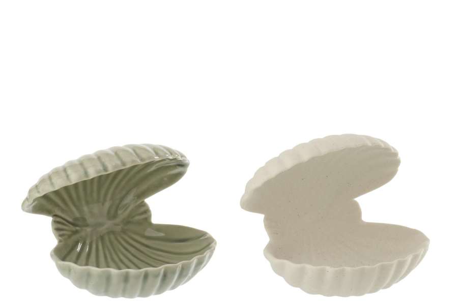 SHELL OPEN STONEWARE WHITE/OLIVE ASSORTMENT OF 2