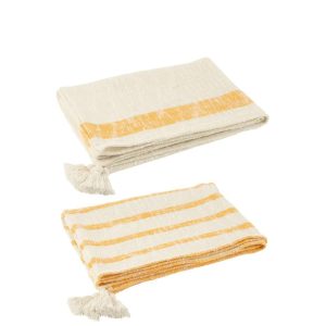 PLAID STRIPES+TASSELS COTTON WHITE/ORANGE ASSORTMENT OF 2