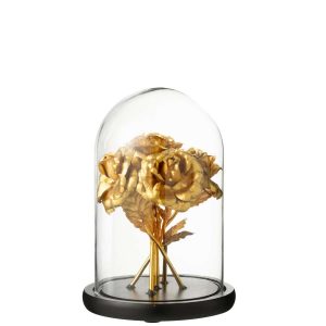 DECORATIVE BELL JAR BOUQUET OF ROSES GLASS GOLD COLORED/BLACK MEDIUM