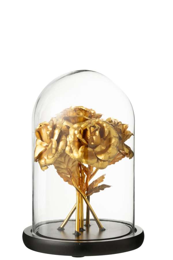 DECORATIVE BELL JAR BOUQUET OF ROSES GLASS GOLD COLORED/BLACK MEDIUM