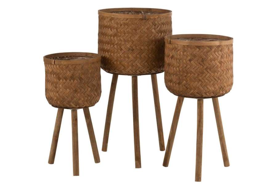 SET OF THREE FLOWERPOT HOLDERS THREE LEGS BAMBOO/PLASTIC NATURAL