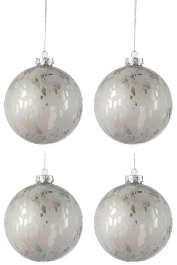 BOX OF 4 CHRISTMAS BAUBLE GLASS SHINING/MATTE ANTIQUE SILVER LARGE