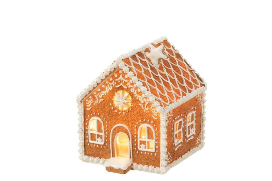 HOUSE GINGERBREAD SQUARE STAR LED POLY BROWN MEDIUM