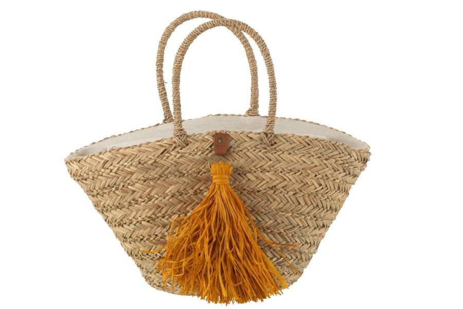 BEACH BAG TASSELS SEAGRASS/RAFFIA NATURAL/OCHRE