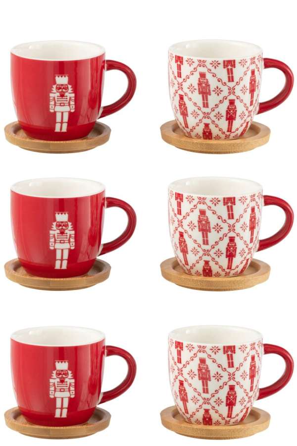 BOX OF 6 COFFEE CUP+BAMBOO SAUCER NUTCRACKERS WINDOWNBOX CERANMICS RED