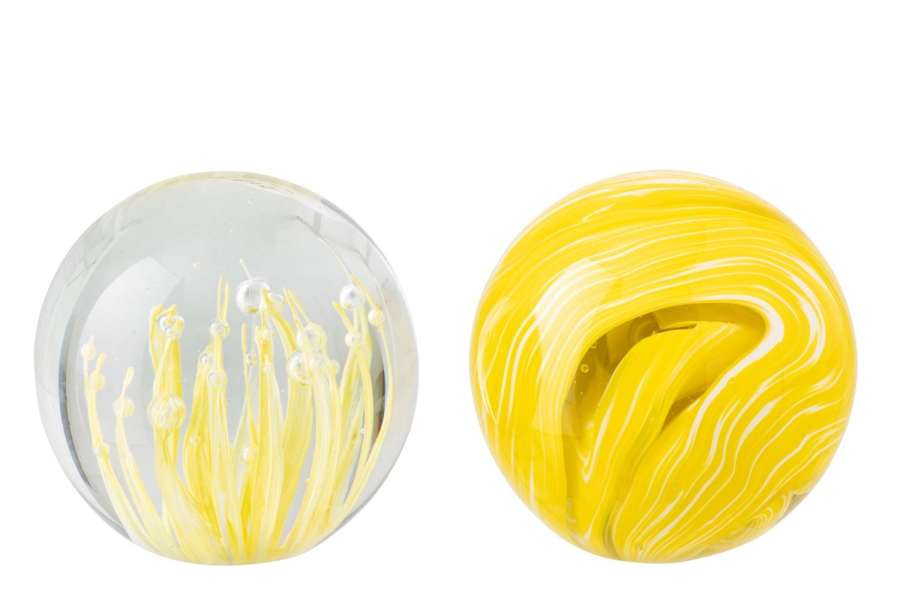 PAPERWEIGHT BALL GLASS YELLOW/TRANSPARENT MEDIUM ASSORTMENT OF 2