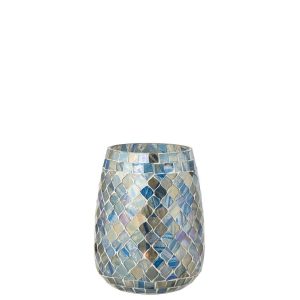 CANDLE HOLDER MOSAIC GLASS GREY BLUE