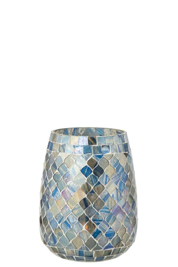 CANDLE HOLDER MOSAIC GLASS GREY BLUE