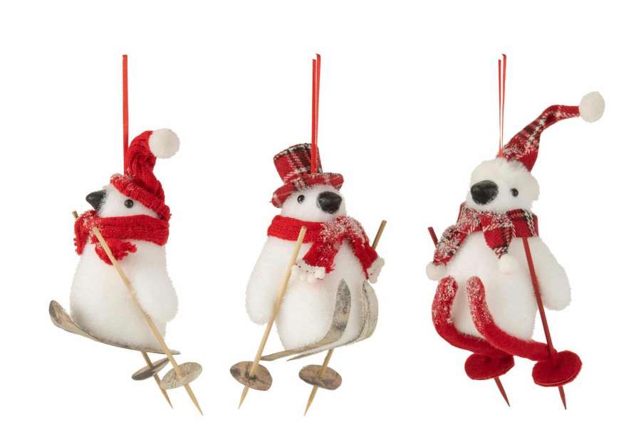 HANGER PENGUIN SANTA CLAUS SKIS WHITE/RED ASSORTMENT OF 3