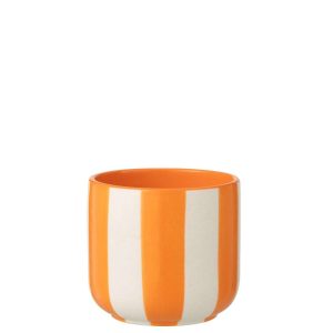 FLOWERPOT STRIPED CERAMIC ORANGE/WHITE LARGE