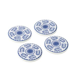 SET OF 4 COASTERS FLORAL PATTERN MANGO WOOD BLUE/WHITE