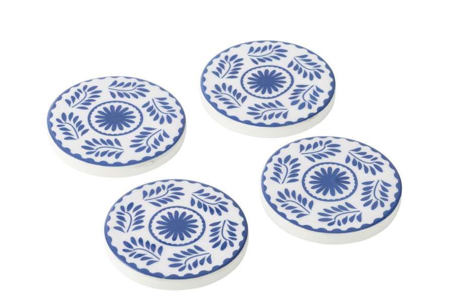 SET OF 4 COASTERS FLORAL PATTERN MANGO WOOD BLUE/WHITE