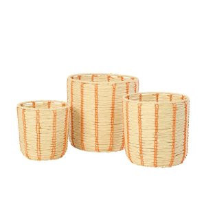 SET OF 3 BASKET ROUND STRIPED PAPER NATURAL/ORANGE