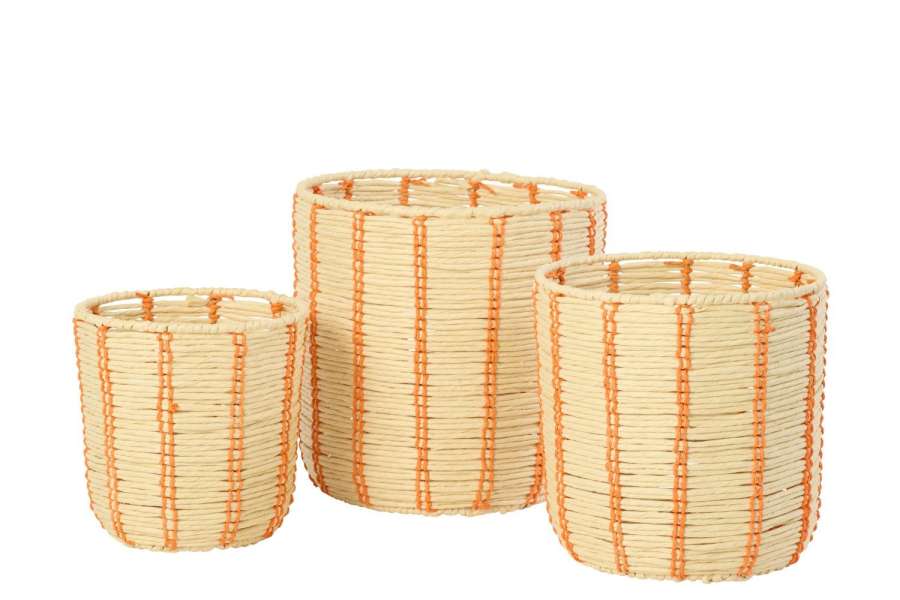 SET OF 3 BASKET ROUND STRIPED PAPER NATURAL/ORANGE
