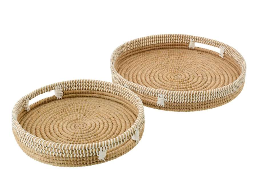 SET OF 2 DECORATIVE TRAY STRAW NATURAL/WHITE