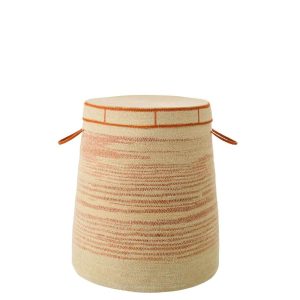 BASKET WITH HANDLE + LID STRIPED SEAGRASS NATURAL/DARK ORANGE