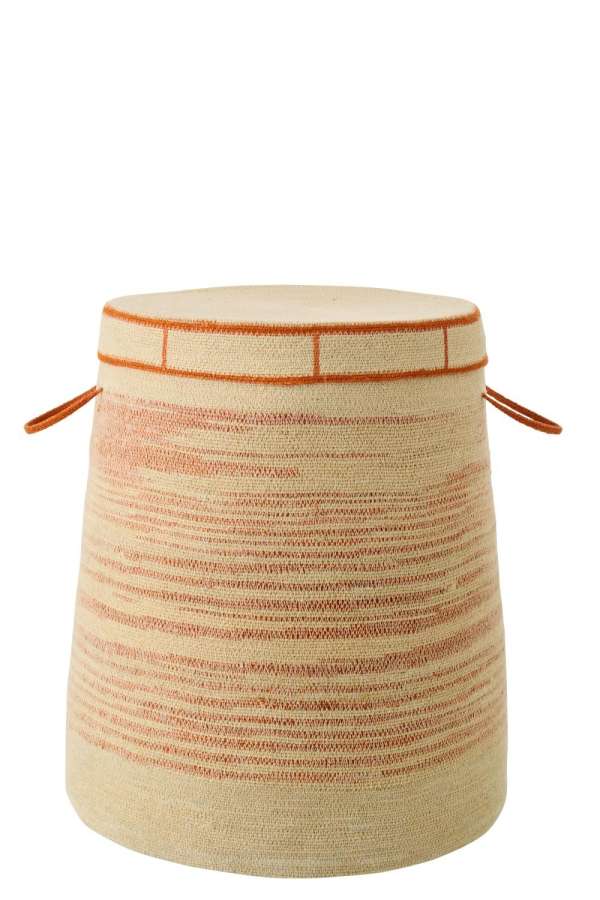BASKET WITH HANDLE + LID STRIPED SEAGRASS NATURAL/DARK ORANGE