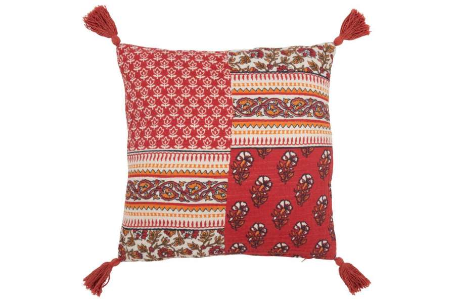 CUSHION FLOWERS+TASSELS COTTON RED