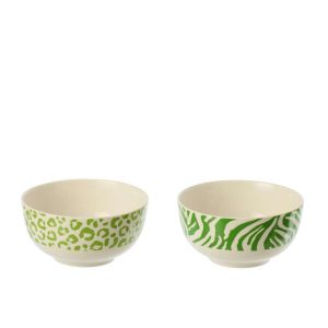 BOX OF 2 BOWL LEOPARD + ZEBRA PORCELAIN GREEN/WHITE