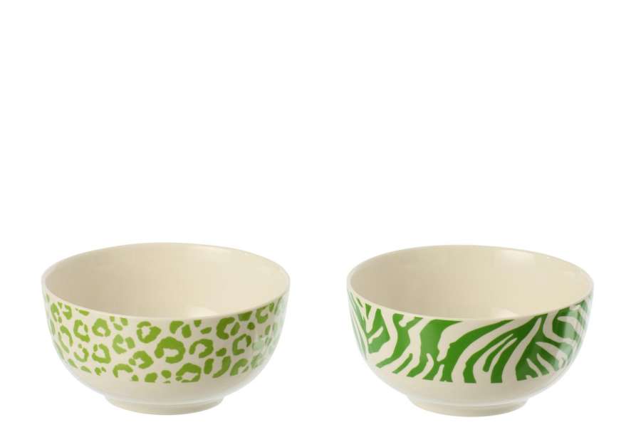 BOX OF 2 BOWL LEOPARD + ZEBRA PORCELAIN GREEN/WHITE