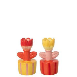 CANDLE HOLDER ON BASE FLOWER STONEWARE MULTICOLORED ASSORTMENT OF 2