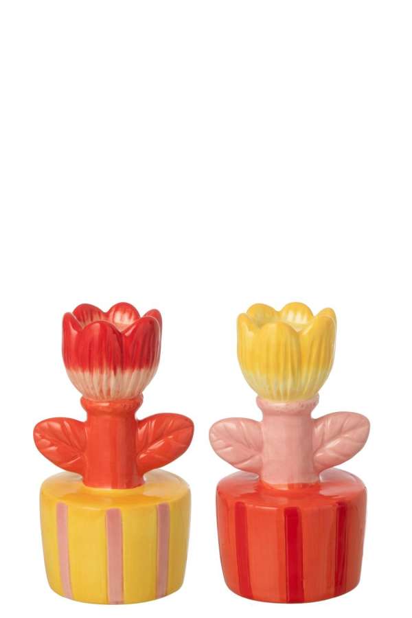 CANDLE HOLDER ON BASE FLOWER STONEWARE MULTICOLORED ASSORTMENT OF 2