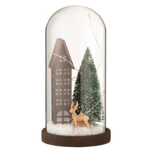 BELL JAR HIGH LED HOUSE GLASS/WOOD DARK BROWN/GREEN LARGE