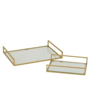 SET OF 2 DECORATIVE TRAY IRON/GLASS GOLD COLORED