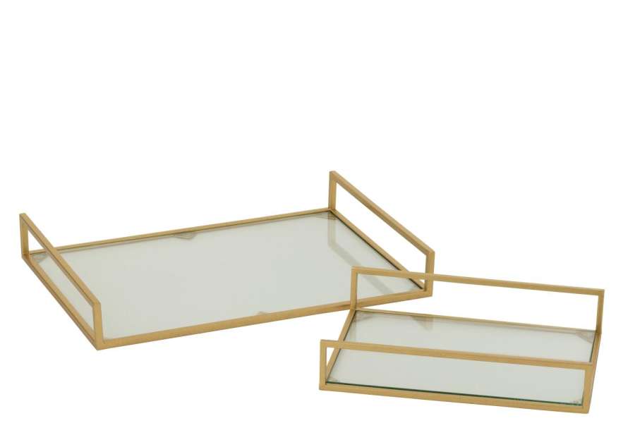 SET OF 2 DECORATIVE TRAY IRON/GLASS GOLD COLORED