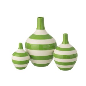 SET OF 3 VASE STRIPED PORCELAIN WHITE/GREEN