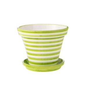 FLOWERPOT+PLATE GRANADA STRIPES HANDMADE/HANDPAINTED CERAMIC GREEN/WHITE EXTRA LARGE